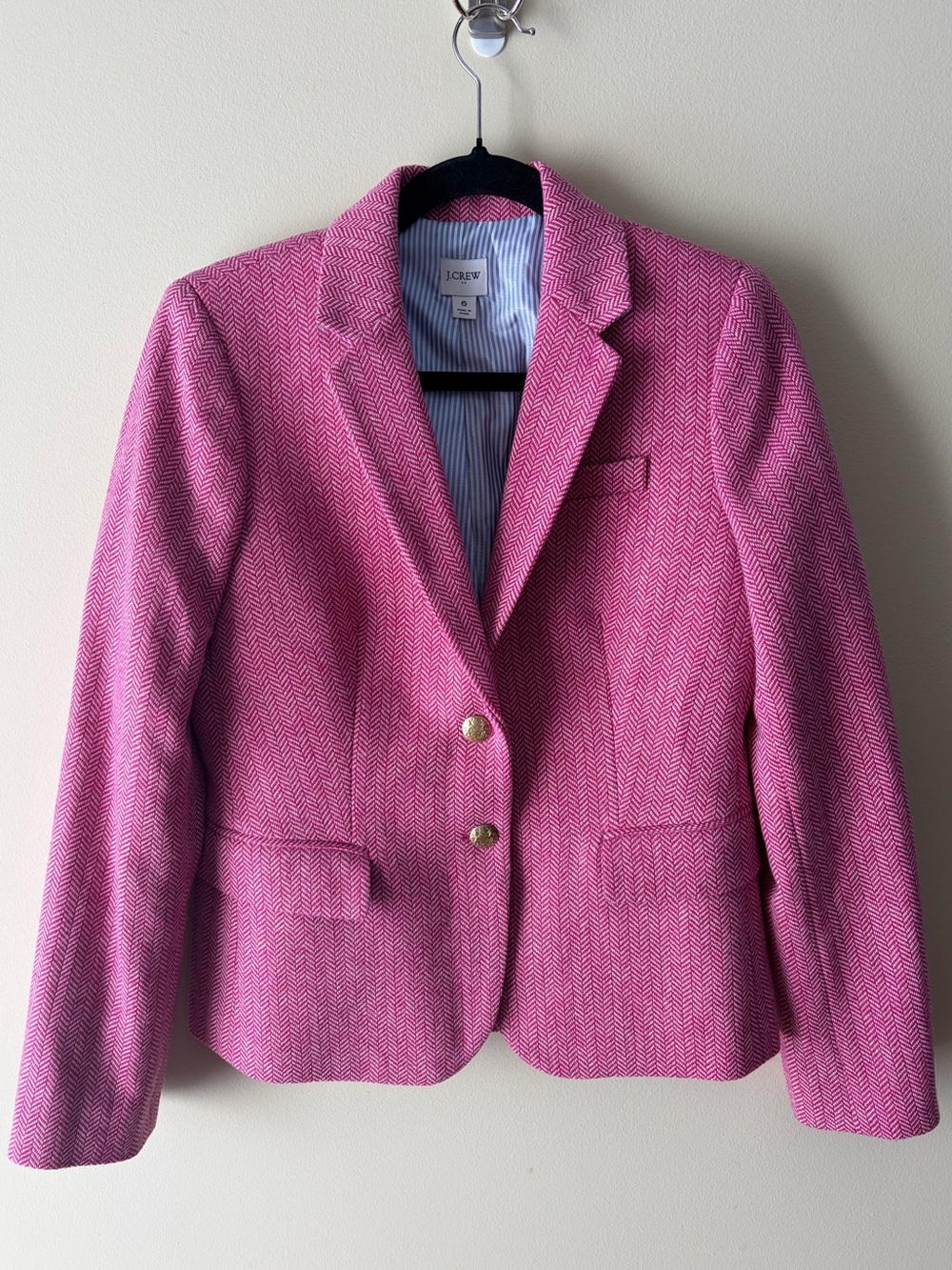 J.Crew Pink Herringbone Wool-Blend Blazer Gold Buttons – Size 6 Preppy & Office